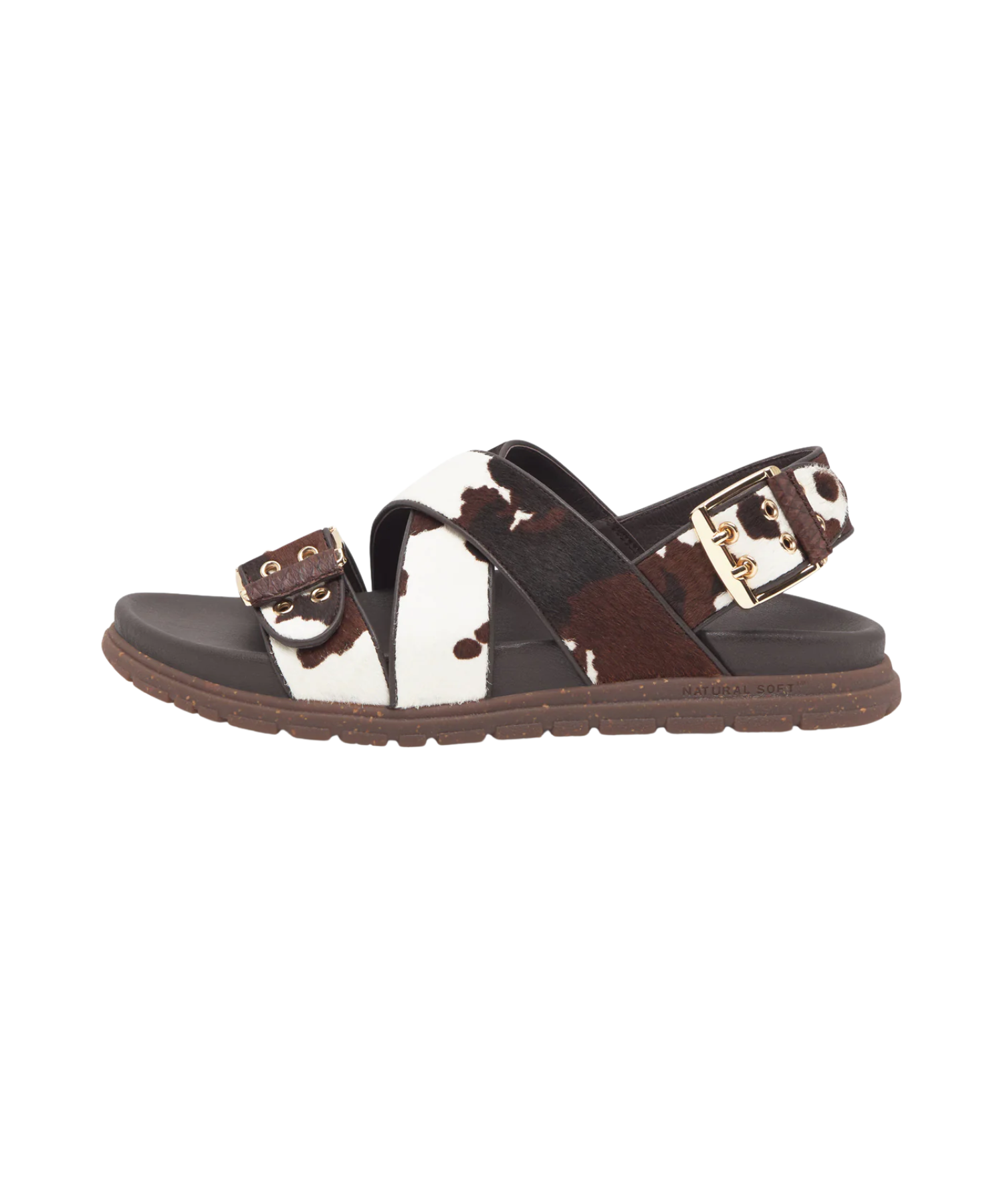Woden - Dame sandal i cow print.